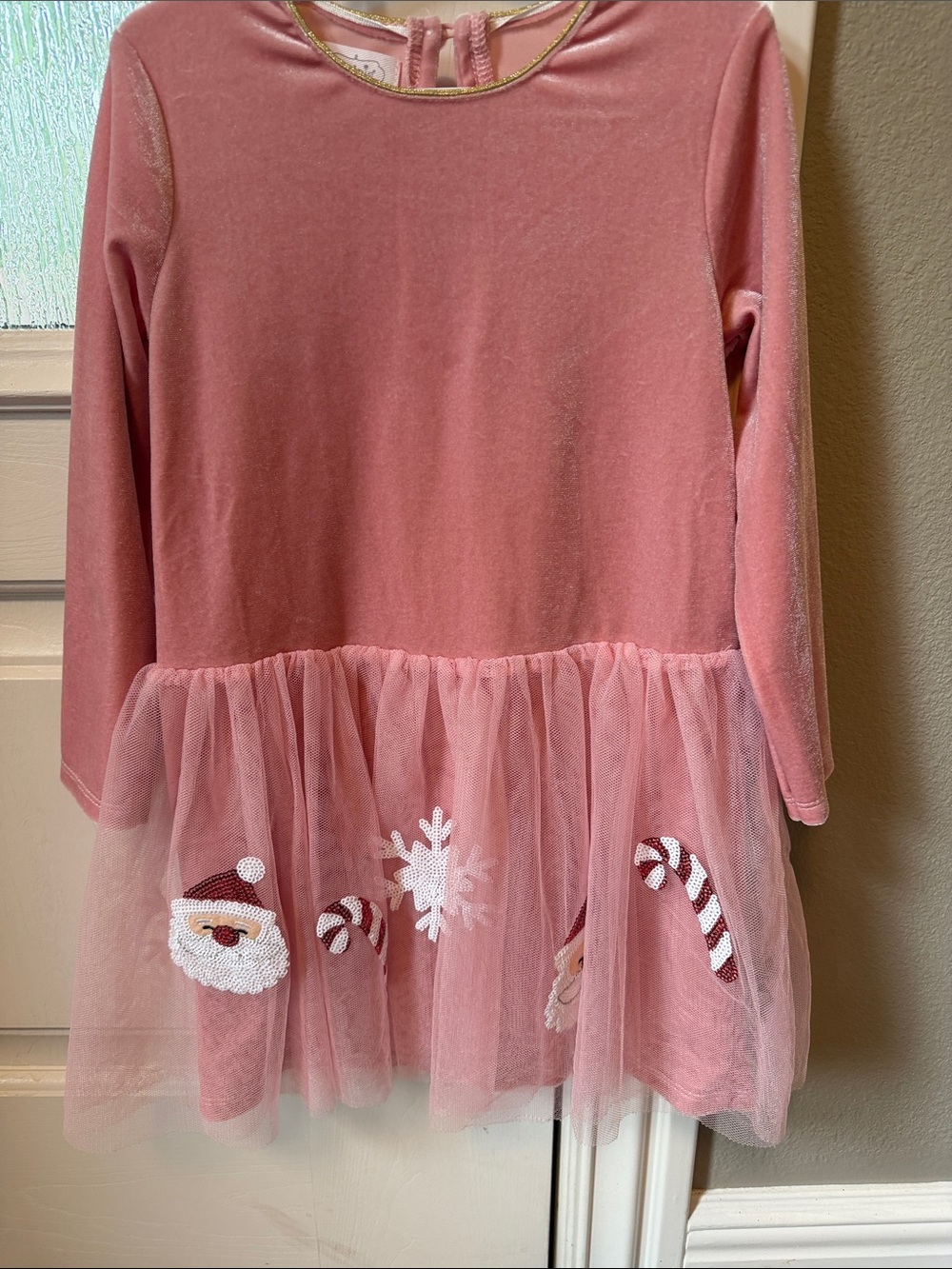 🎅🏼🌲💕Mud Pie Pink Velvet Tulle Holiday Dress with Sequin Santa & Candy Canes
